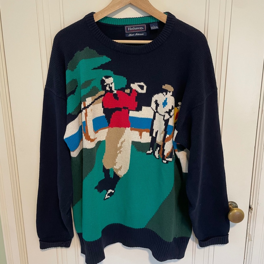 Hathaway Vintage Golf Hand Intarsia Sweater Mens Large Navy Blue Cotton Knit